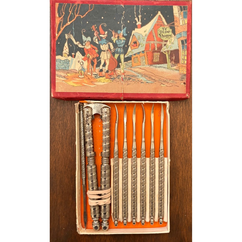 Vintage HMQ Nutcracker and Pick Set 7 Piece Silver Tone Metal with Original Box